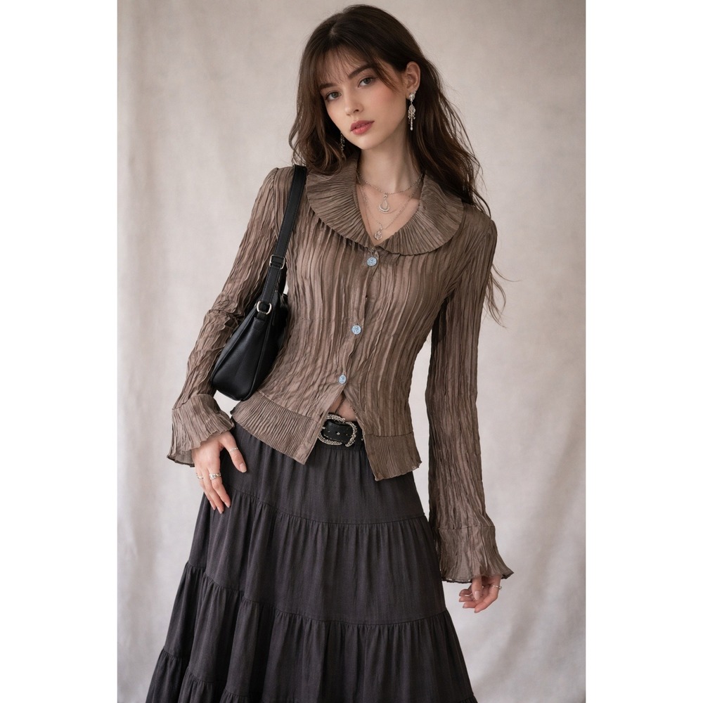 Brown Satin Plisse Pleated Boho Top Medium‎ Forest Fairy Whimsigoth Witchy Y2K